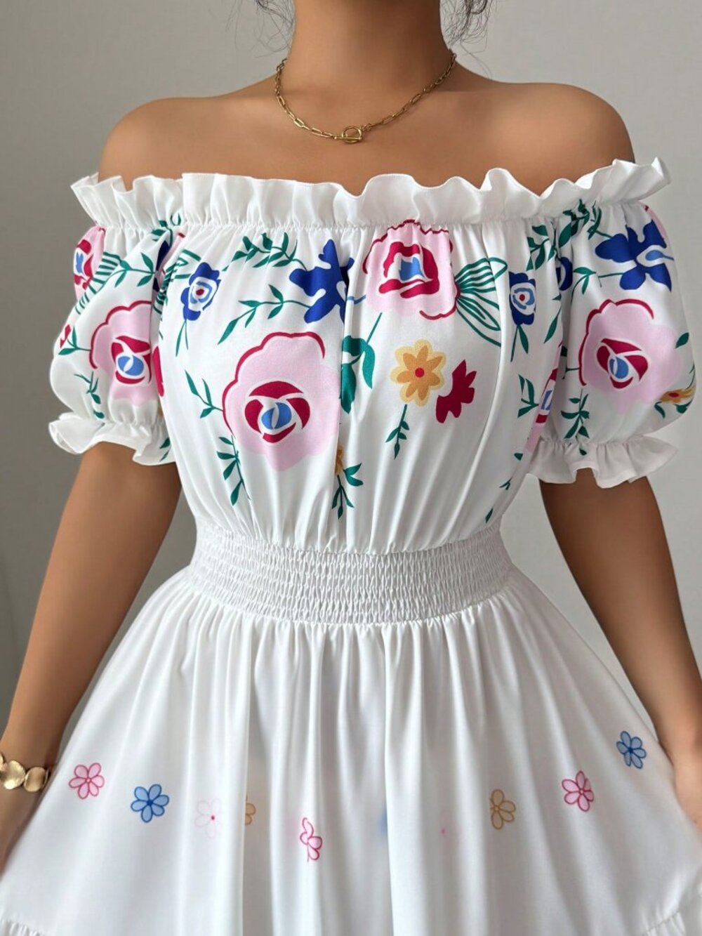 Multicolor Boho Women's off-Shoulder Puff Sleeve Floral Print Maxi Dress - Picture 4 of 7